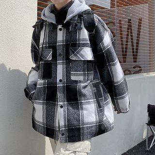 Detachable-hood Plaid Button Jacket