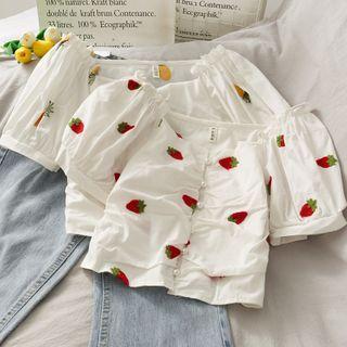Boatneck Embroidered Ruched Crop Blouse