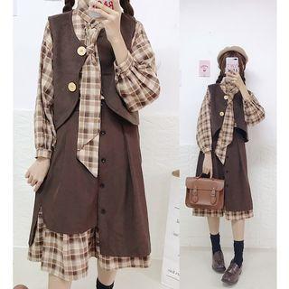 Button Vest / Plaid Shirt With Tie / Midi A-line Skirt