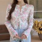 Floral Print Ribbed Cardigan Pink Roses - White - One Size