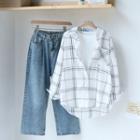 Long-sleeve Embroidered T-shirt / Long-sleeve Plaid Shirt / Straight Fit Jeans