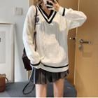 Contrast-trim Long-sleeve Sweater As Shown In Figure - One Size
