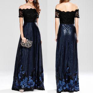 Off-shoulder Lace Panel Sequined Evening Dress