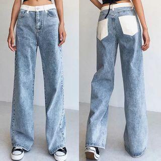 Contrast Trim Washed Straight Leg Jeans
