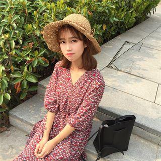 Elbow-sleeve V-neck Floral A-line Dress