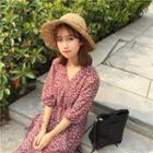Elbow-sleeve V-neck Floral A-line Dress