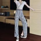 Short-sleeve Pointelle Knit Top / Plaid Cropped Straight-fit Pants