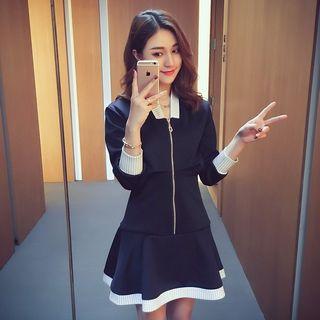 Dotted Print Panel Long Sleeve Dress