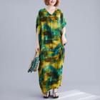 Elbow-sleeve Print Maxi Dress Green & Yellow - One Size
