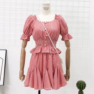 Set: Square-neck Checked Top + Ruffled Mini Skirt