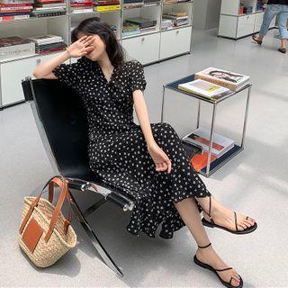 Floral V-neck Short-sleeve Dress Black - One Size