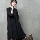 Mandarin-collar Tiered Shirtdress Black - One Size