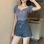 Short-sleeve Ruffled Plaid Blouse Plaid - One Size