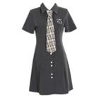 Short-sleeve Logo Embroidered Mini A-line Shirtdress