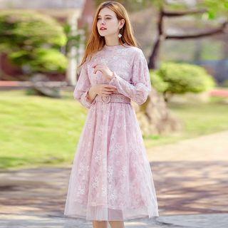 Long-sleeve Embellished Lace Midi Dress With Belt