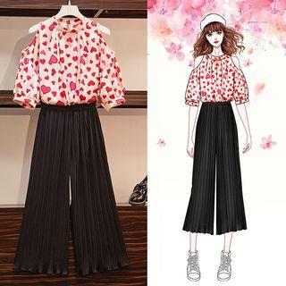 Set: Heart Print Cold Shoulder 3/4-sleeve Blouse + Cropped Wide-leg Pants