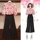 Set: Heart Print Cold Shoulder 3/4-sleeve Blouse + Cropped Wide-leg Pants