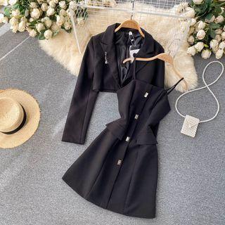 Set Of 2 : Cropped Blazer + Spaghetti-strap Dress