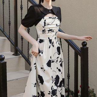 Set: Spaghetti Strap Flora Print Midi Dress + Puff-sleeve Crop Top