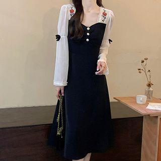 Flower Embroidered Panel Midi A-line Dress