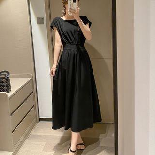 Cap-sleeve Plain Shirred Midi Dress