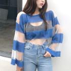 Color-block Striped Loose-fit See-through Long-sleeve Top