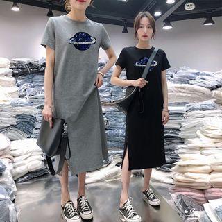 Short-sleeve Sequined Plant Midi T-shirt Dress