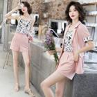 Set: Short-sleeve Single-breasted Blazer + Print Camisole Top + Dress Shorts