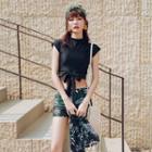 Set: Cap-sleeve Swim Top + Leaf Print Swim Shorts + Midi Skirt