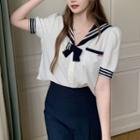 Sailor Collar Bow Puff-sleeve Shirt / High-waist Slit Short Skirt