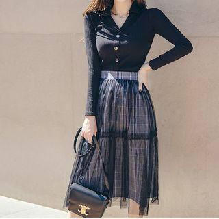 Long-sleeve Plain Cardigan + Plaid Mesh Skirt