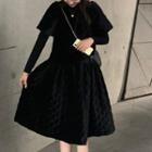 Velvet Padded Short-sleeve A-line Dress Black - One Size