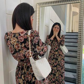 V-neck Tie-waist Maxi Rosette Dress