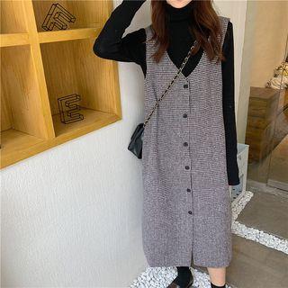 Gingham Buttoned V-neck Pinafore Dress