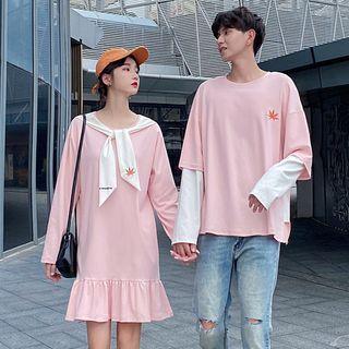 Couple Matching Mock Two-piece Long-sleeve T-shirt / A-line Dress