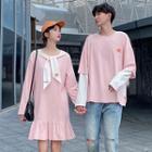 Couple Matching Mock Two-piece Long-sleeve T-shirt / A-line Dress