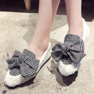 Patterned Bow Accent Furry Loafers