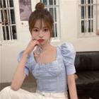 Puff-sleeve Tie Neck Ruffled Cropped Top
