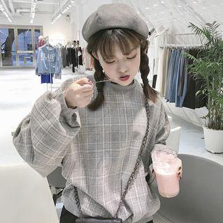 Lantern-sleeve Plaid Sweatshirt