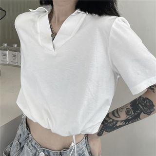 Short-sleeve Collared Drawstring-hem Cropped T-shirt
