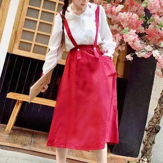 Bow-accent Shirt / Midi A-line Suspender Skirt
