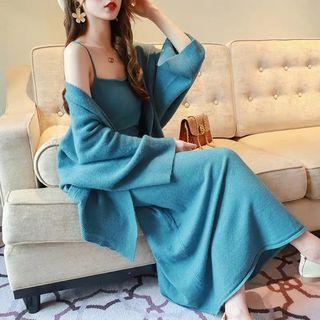 Set: Batwing-sleeve Cardigan + Spaghetti Strap Midi Knit Dress