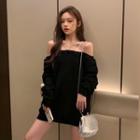 Long-sleeve Off-shoulder Faux Pearl Strap Sweatshirt