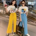 Set : Short-sleeve Print T-shirt + Plain Wide-leg  Pants