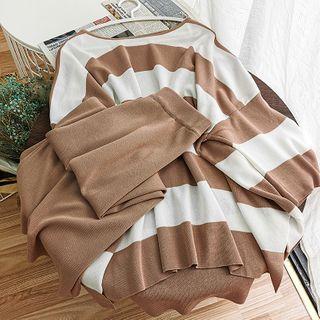 Set: Short-sleeve Striped Knit Top + Knit Wide-leg Capri Pants