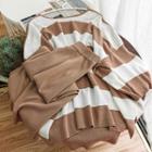 Set: Short-sleeve Striped Knit Top + Knit Wide-leg Capri Pants