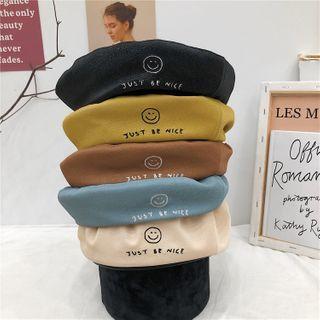 Embroidered Smiley Faux Leather Beret Hat