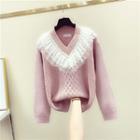 Lace Panel V-neck Cable-knit Sweater