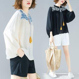 3/4-sleeve Embroidered Tasseled Blouse