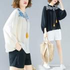 3/4-sleeve Embroidered Tasseled Blouse